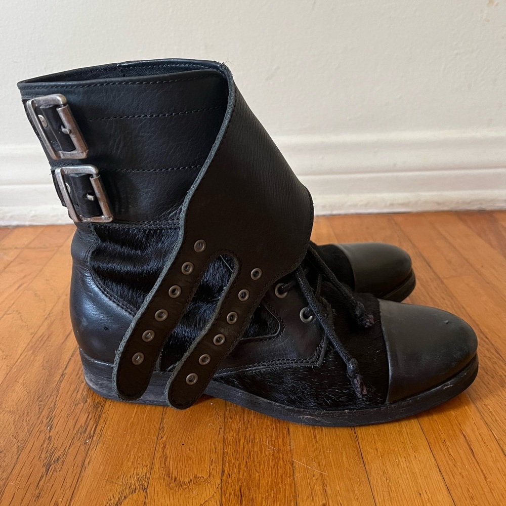 All Saints Combat Black Leather Pony Hair Lace Up Boot